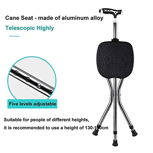 Bastón, Soporte de Bastón Plegable, Silla de Bastón de Aluminio Ajustable en Altura, Telescópica de 3 Patas, con Luz Led, Bastón Ligero para Personas Mayores