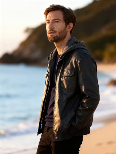 Image of Wantdo Men's Faux Leather Jacket Windproof Motorcycle Bomber Jacket Slim Fit Winter Coat with Removable Hood
