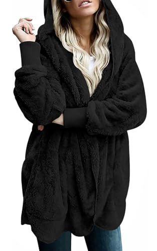 Image of LONGYUAN Women Fleece Jacket Casual Jackets Sweaters Fuzzy Fleece Comfy Teddy Coats Open Front Hooded Cardigans with Pockets Black Small