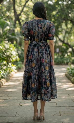 Image of Sun Fashion And Lifestyle Chanderi Printed Dress for Women | Western Dresses for Women | One Piece Midi Dress | Fit and Flare Dress | A-line Dress (KT74 Blue)
