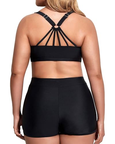 Image of Holipick Women Plus Size Swimsuits - Athletic 3 Piece Tankini with Shorts | Sports bikini top, high waist shorts, tank top, removable pads. Athletic style for water activties