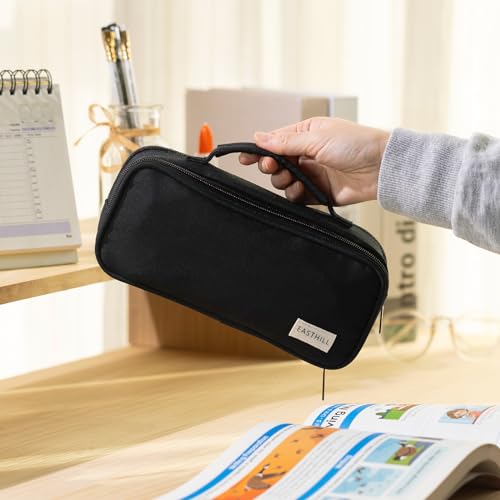 Image of EASTHILL Large Capacity Pencil Case Pen Pouch Organizer Canvas Pencil Bag with Handle School Supplies for Teen Girls-Black