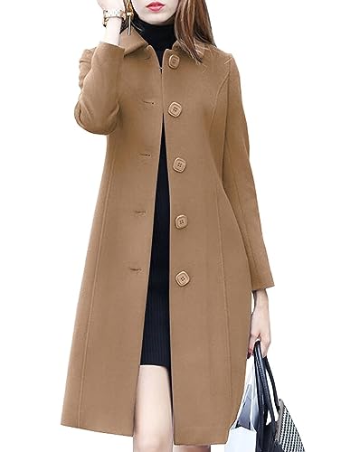 Leyoutx Abrigo clásico de mezcla de lana con solapa de un solo botonadura de longitud media y color sólido para mujer, Camel Oscuro (Dark Camel), Large