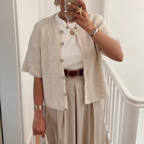 Women Knit Cardigan Sweater Y2k Short Sleeve Button Down Crop Top Sweaters Lightweight Coquette Shirt Summer2