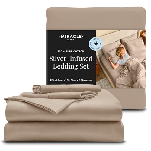 Miracle Made Breathable Cotton Bed Sheets, 4-Piece Set – Silver-Treated, Soft and Cool-to-the-Touch Lightweight Bedding Designed for Hot Sleepers – Queen Size, Sand