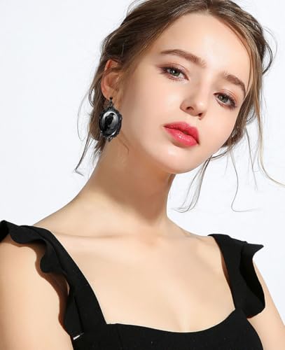 Halloween Earrings for Women, Clip on Earrings for Sensitive Ears Women No Piercing, Vintage Gothic Mystery Witch Raven Punk Rose Cameo Dangle Crystal Glass Flower Dark Style Mystic Trendy Jewelry2