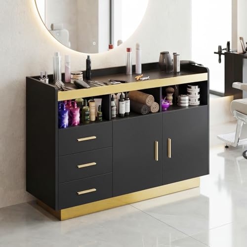 Oakvera Salon Station for Hair Styling Professional Barber Storage Cabinet with 3 Drawers 3 Hot Tool Holders and 3 Open Shelves Freestanding Beauty Salon Spa Storage Furniture