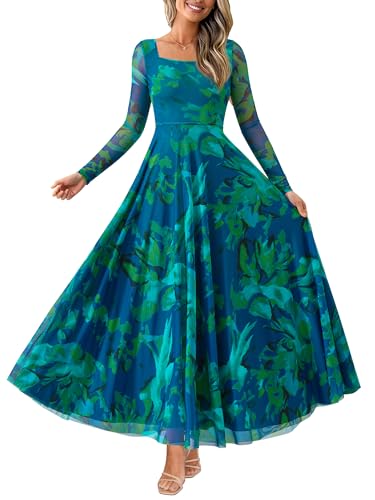 BTFBM Women Maxi Dress Fall 2025 Fashion Elegant Long Sleeve Square Neck Floral Print Party Club Wedding Guest Dresses