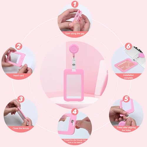 Image of Pink Clear Double Sided Visualization Window Vertical Badge Holders with Retractable Round Reel Clips,Hard Plastic Protector for ID Name Card Girl Women