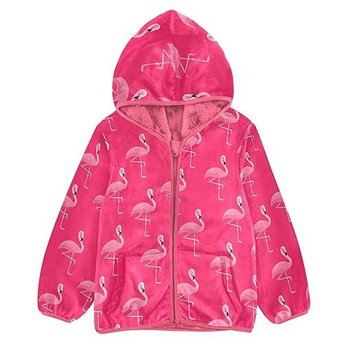 Aflyko Girls Warm Coat Pink Vivid Flamingo Zip-Up Hoodie Fleece Outerwear Kids Pink Hooded Jacket Children's Fashion Durable Sweatshirt 7-8T
