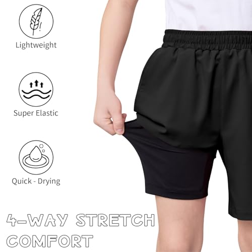 QBK Boys 2-in-1 Athletic Running Shorts with Compression Liner Lightweight Quick Dry 3T-16Y3