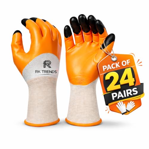 Image of Safety Gloves - Nylon Nitrile Coated Industrial & Home Cut Resistant Hand Gloves. (Pack of 24 Pairs, Orange (Double Coated))