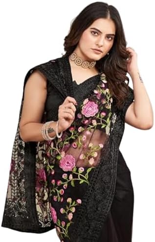 VAIRAGEE Women's Soft Lastest Georgette Embroidery Work Floral Pattern Stylish saree with unstitched blouse piece (6079)