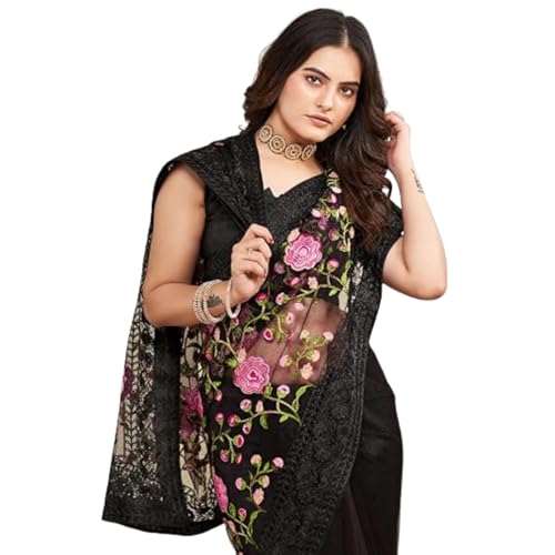 Image of VAIRAGEE Women's Beautiful Soft Net Embroidery Saree With Unstitched Blouse 6079