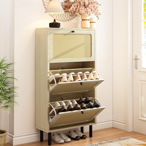 Recaceik Rattan Shoe Storage Cabinet, Slim Shoe Cabinet with 3 Flip Drawers, Freestanding Shoe Rack Cabinet, Wooden Narrow Hidden Shoe Organizer Cabinet for Entryway, Living Room