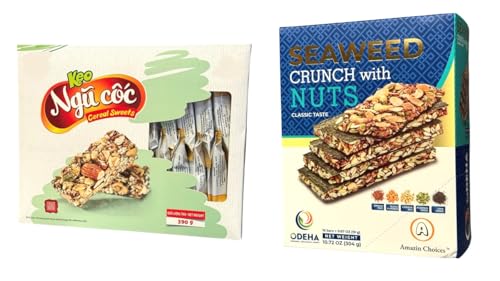 Image of Combo - Cereal Sweets Nuts and Seaweed Crunch with Nuts - Keo Ngu Coc va Rong Bien Don Ket Hop Cac Loai Dau - 13 Oz per Box and 10 Oz with 2 Iterms