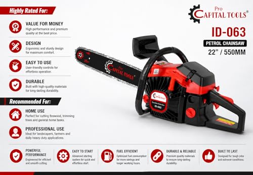 Image of ProCapital Tools ID-063 63CC Heavy-Duty Petrol Chainsaw, 22-Inch Chain Bar | Powerful 2-Stroke Wood Cutting Machine for Farming & Tree Cutting