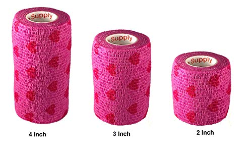 Image of Vet Wrap Tape (Pink with Hearts) (2 Pack) (4 Inch x 15 feet) Self Adhesive Adherent Adhering Cohesive Flex Self Stick Bandage Grip Roll Dog Cat Pet Horse