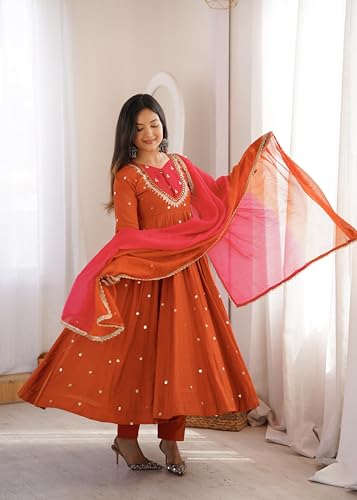 Image of Women Elegant Embroidered Sequence Anarkali Three Piece Set with Real Mirror Designer Work | Women's Premium Flared Ethnic Suit Set with Kurta, Bottom & Dupatta Orange