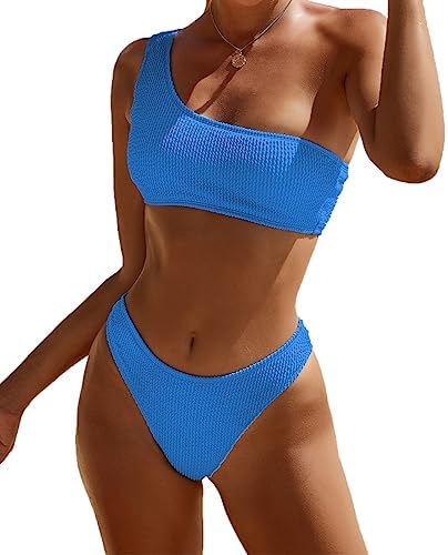 Women&#39;s Ribbed Bikini Sets One Shoulder Top with Mid Waist Two Piece Bathing Suit