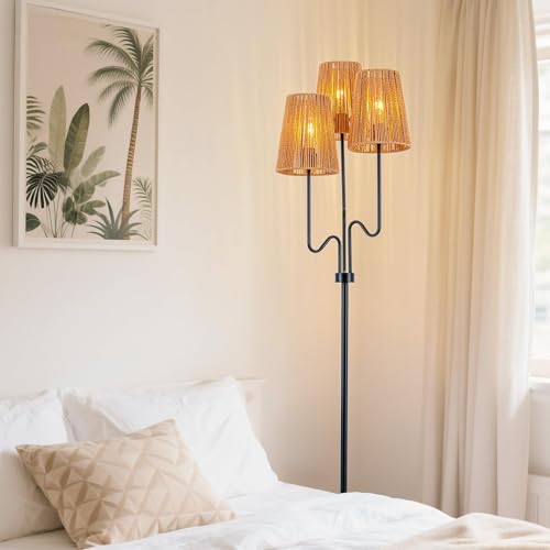 Image of MAYNA 3-Light Black Boho Floor Lamp with Handwoven Rattan Shades | Adjustable Swiveling Arms, Foot Switch Standinmg Floor Lamp for Living Room & Bedroom, 3 LED Bulbs Included