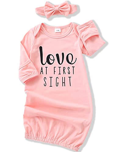 Image of Yvowming Newborn Baby Girl Sleeper Gown Long Sleeve Nightgown +Headband Outfit