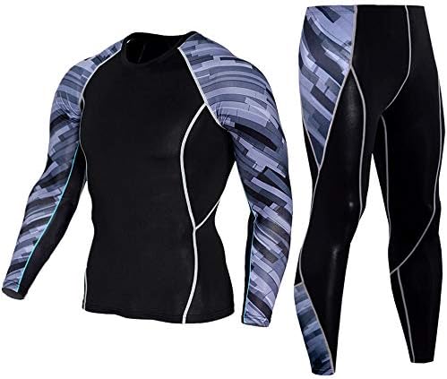 Men's Workout Set Compression Shirt and Pants Top Long Sleeve Sports Tight Base Layer Suit Quick Dry & Moisture-Wicking Grey M
