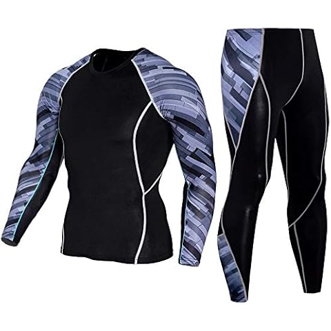 Men's Workout Set Compression Shirt and Pants Top Long Sleeve Sports Tight Base Layer Suit Quick Dry & Moisture-Wicking … - grey - Medium Cover