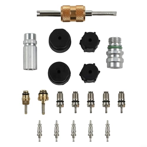 Kit de núcleo de válvula de aire acondicionado de 19 piezas para sistemas de CA R134a y R12 con construcción de latón y aluminio para reemplazo de sello de puerto de servicio automotriz