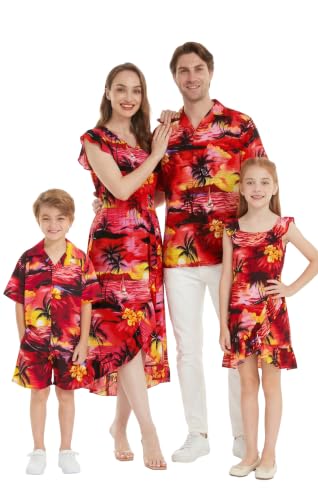 Image of Hawaii Hangover Family Matching Hawaiian Clothes, Sunset Red | Family matching Hawaiian outfits, Sunset Red, lightweight rayon, machine washable, tropical floral print, luaus, cruises