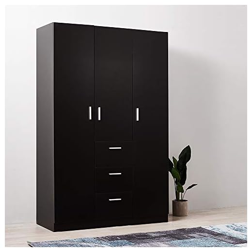 Wooden 3 Doors 3 Drawers Wardrobes with Hanging Rail and Storage Shelves Modern Large Clothes Cupboards Unit for Bedroom Furniture (Black)