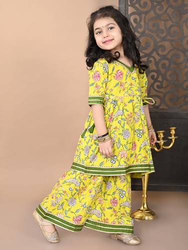 Image of superminis Girls Cotton Floral Printed Gota Patti Work Half Sleeves Sharara Suit