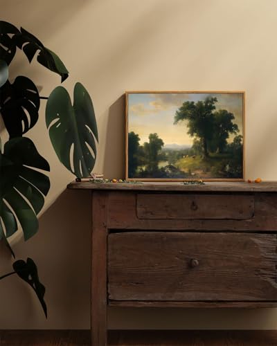 Image of KISSFOX Framed Vintage Landscape Wall Art Natural Scenery Canvas Prints Colorful Painting Artwork Rustic Farmhouse Pictures Decor Living Room Office Bedroom Bathroom Kitchen