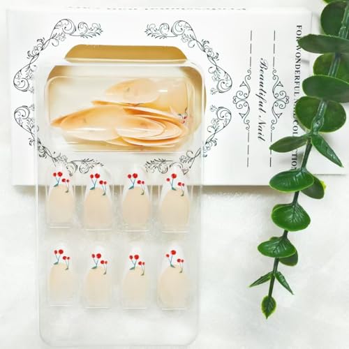 Image of French Tip Press on Nails Medium Almond White Fake Nails with Cherry Design Nude Full Cover Stick on Nails Cute False Nail Reusable Artificial Acrylic Nail for Women Girls Art Decoration 24pcs