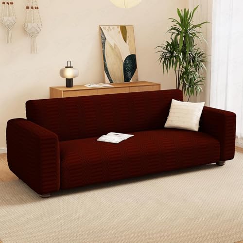 Image of Lukzer 2 Seater Pastel Deep Maroon Dotted Stripe Pattern Sofa Cover | 240 GSM Universal Stretch Fit Jacquard Fabric Couch Protector | Fully Covered Anti Slip & Washable Sofa Cover SC-132-02 /140-180cm