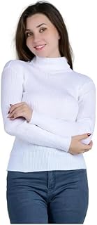 Women's White Ribbed Turtleneck Sweater, Long Sleeve High Neck Pullover Top-picture-45