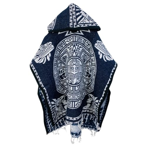Leos Imports Traditional Reversible Mexican Poncho Gaban with Hoodie, Aztec Calendar Design Unisex One Size (Navy)