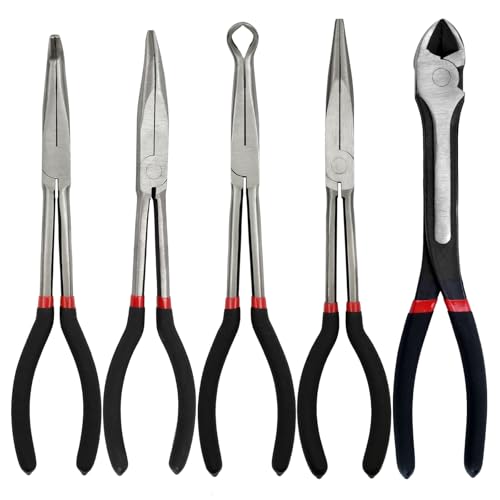 5 Packs 11 Needle Nose Pliers Set, Extra Long Needle Nose Pliers, Include Straight Long Reach Plier, 45/90°Bent Nose Pliers, O-Shaped Nose plier, Diagonal Plier for Bending Shaping Trimming