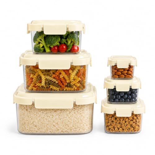Image of Vasukie 6-Piece Airtight Plastic Food Storage Containers - Big Square Nesting Meal Prep Containers with Cream Airtight Locking Lids - Clear BPA-Free Kitchen & Pantry Storage Box Set