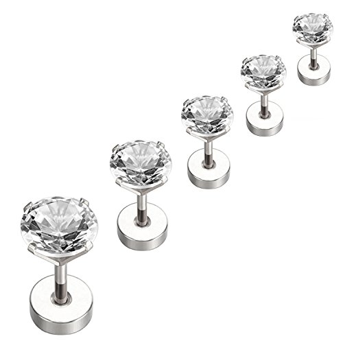 Stainless Steel Cubic Zirconia Stud Earrings Helix Cartilage Earrings Flat Back 3-7mm 5 Pairs