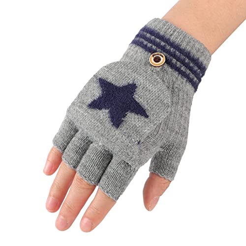 AfinderDE Kinder Fausthandschuhe Mädchen jungen Abnehmbare Klappe Strickhandschuhe Fäustlinge Handschuhe Fingerhandschuhe Fingerlos Halb Handschuhe Strick Handschuhe Winterhandschuhe (Grau 1), L Cover