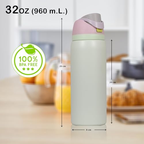 Image of FreeSip Gym Water Bottle with Straw & Chug Lid - Leak Proof Push Button Opening, BPA Free, Large Capacity Sports Bottle with Carry Handle (Off-White, 960 ML)