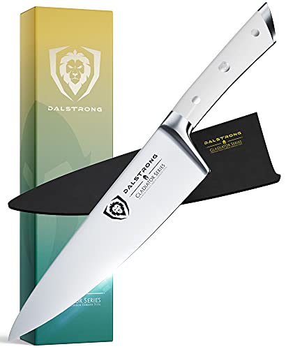 DALSTRONG Chef Knife - 8 inch - Gladiator Series - Forged ThyssenKrupp High Carbon German Steel - Razor Sharp Kitchen Knife - Full Tang - Glacial White ABS Handle - Sheath Included - NSF Certified