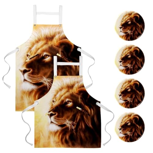 Tablier de cuisine tête de lion majestueuse avec 4 broches