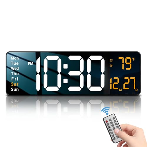 Image of EASEPRES 16 inch Digital Wall Clock with Remote Control - LED Display, Auto-Dimming, Countdown Timer, Temperature & Calendar - 12 /24 Hour Format, ABS Rectangle Design (White + Orange)