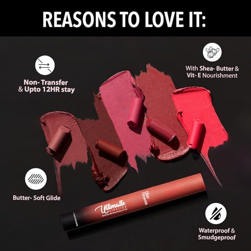 Image of Blue Heaven Ultimatte NonTransfer lipstick for women|Enriched with Shea Butter & Vitamin E| Matte Finish, Smudge Proof & Waterproof Long Lasting Lipstick Upto 12Hrs| 2.2g | 03 Red (Pack of 2)