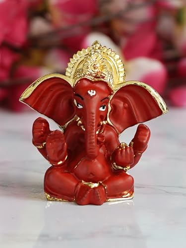 Image of eCraftIndia Golden and Red Polyresin Lord Ganesha Idol for Home, Temple, Office for Devotees, Family, Friends - Suitable for Diwali, Ganesh Chaturthi, Housewarming