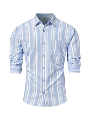 Hardaddy Men's Vertical Striped Dress Shirt Cotton Stripe Button Down Shirt Long Sleeve for Men with Pocket Blue 3XL