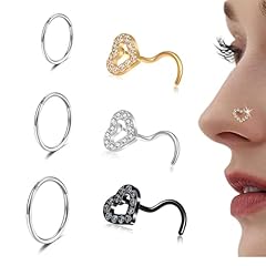3 Heart-Shaped+3 Silver Nose Rings