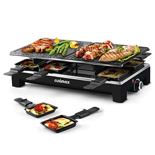 Raclette Table Grill, CUSIMAX Indoor Grill Electric Grill, Portable Korean BBQ Grill with 2 in 1 Reversible Non-stick Plate & Natural Grill Stone, 8 Raclette Pans 8 Wooden Spatulas for Family Fun